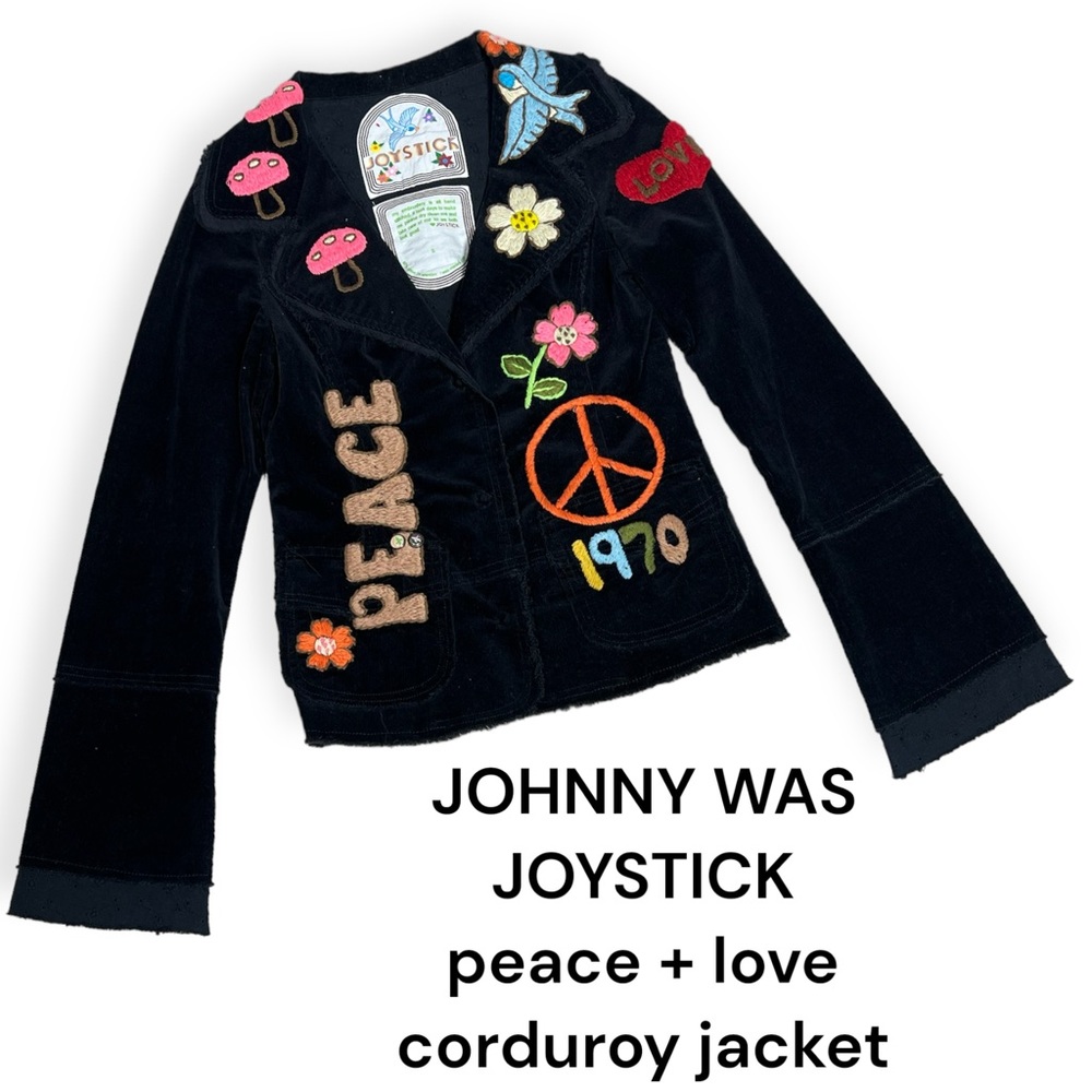 Johnny Was Black Corduroy Peace & Love Embroidered Jacket